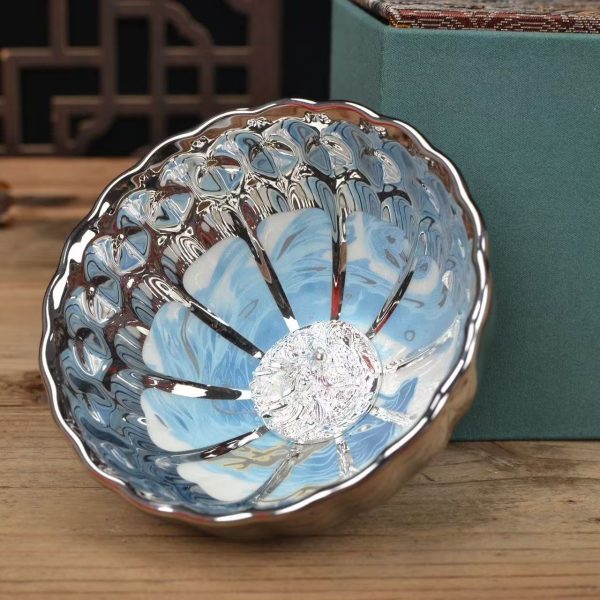 Silver - Rim Blue Cloud Tea Cup